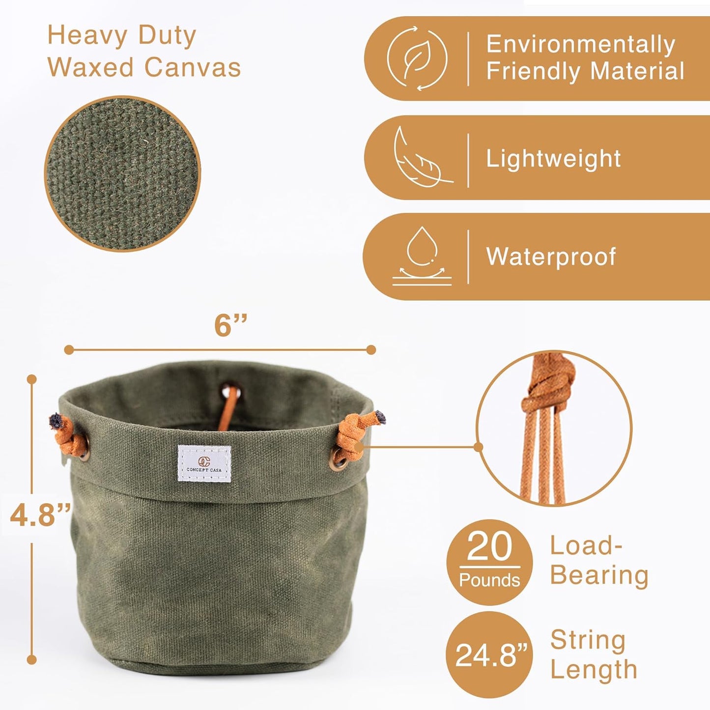 Waxed Canvas Handmade Hanging Planter for Indoor/Outdoor Plants, Hanging Basket Plant Holder Forest Green with Hook