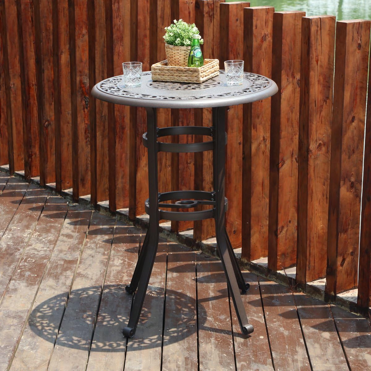 PHI VILLA 32" Cast Aluminum Patio Bar Table, 41" Height High Top Outdoor Table, Pub Height Bistro Round Table for Paito Lawn Garden, Brown