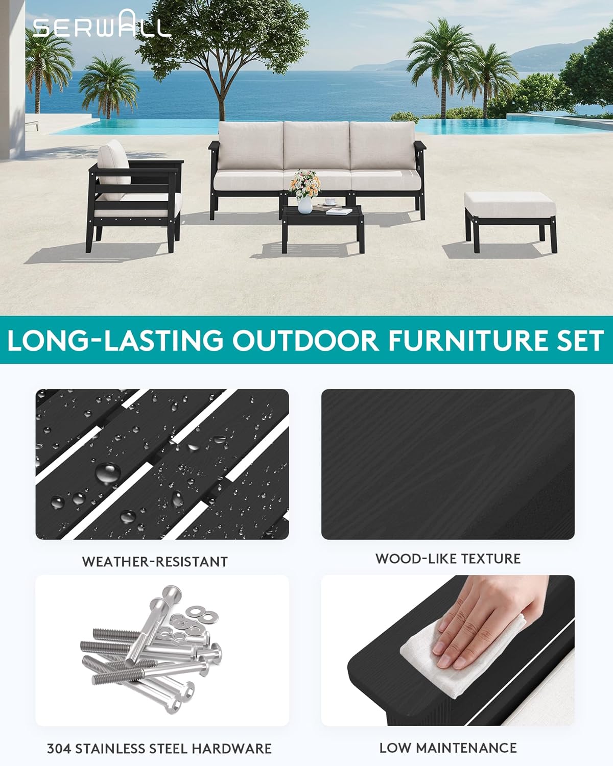 SERWALL HDPE Patio Furniture Set, 6 Pieces Outdoor Sectional Sofa Set, All-Weather Wood-Like Outdoor Sofa Couch with Coffee Table for Deck, Lawn, Black Frame with Khaki Cushion