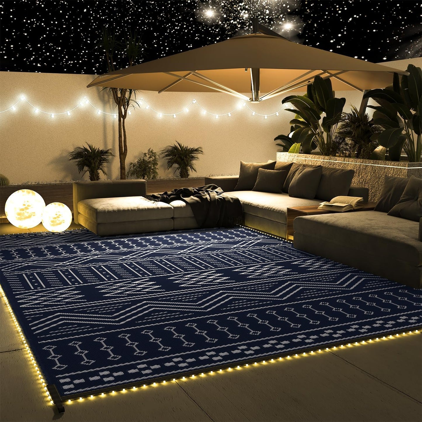 Outdoor Rug Carpet Waterproof 8x10 ft with LED Strip Lights-Patio Rug Mat Indoor Outdoor Rug for RV Camping Picnic Reversible Lightweight Plastic Straw Outside Rug for Patio Decor Decoration Boho Rug