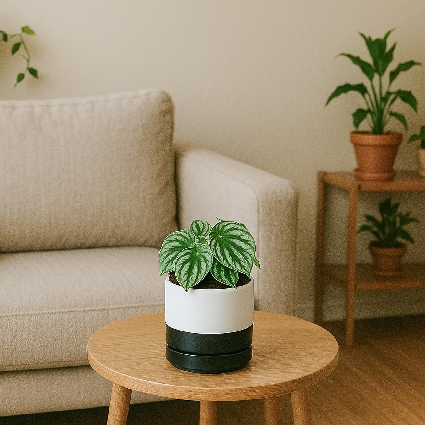 D'vine Dev 4.6 Inch Ceramic Planter Pot with Drainage Hole and Saucer, Indoor Cylinder Round Planter Pot, Layered Monochrome Black & White, 94-O-B-L