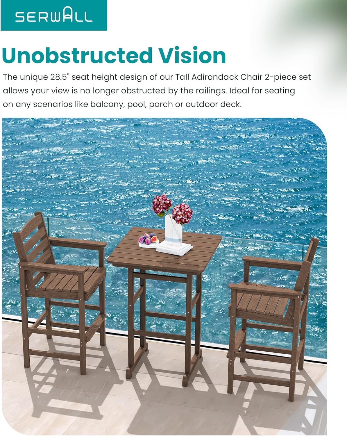 SERWALL Tall Adirondack Chairs Set of 2, Oversize Balcony Adirondack Chairs Set, Outdoor Bar Height Barstools Widened Chair Set for Bistro, Poolside, Garden, Brown