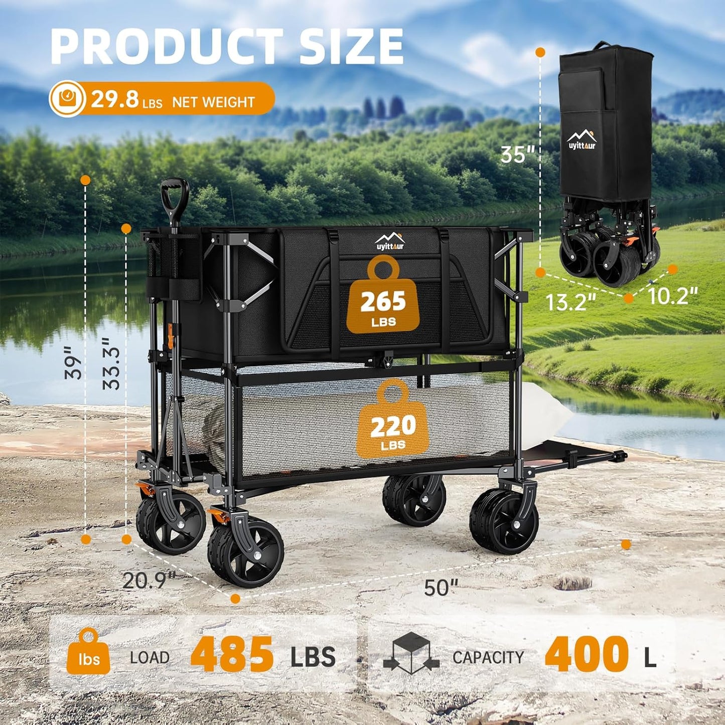 Foldable 50''L Extra Long Double Decker Wagon for Sport, 400L Collapsible Heavy Duty Wagon Cart with Big Wheels, Utility All-Terrain Large Extender Cart for Outdoors