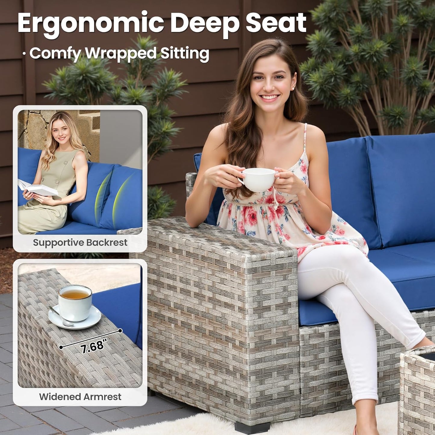 ovios 7 Pieces Patio Furniture Set, Outdoor Wicker Sectional Sofa with 30 Inch Fire Pit Table Comfy Cushions, Modern Modular Deep Seat Rattan Couch Conversation Set, Navy Blue