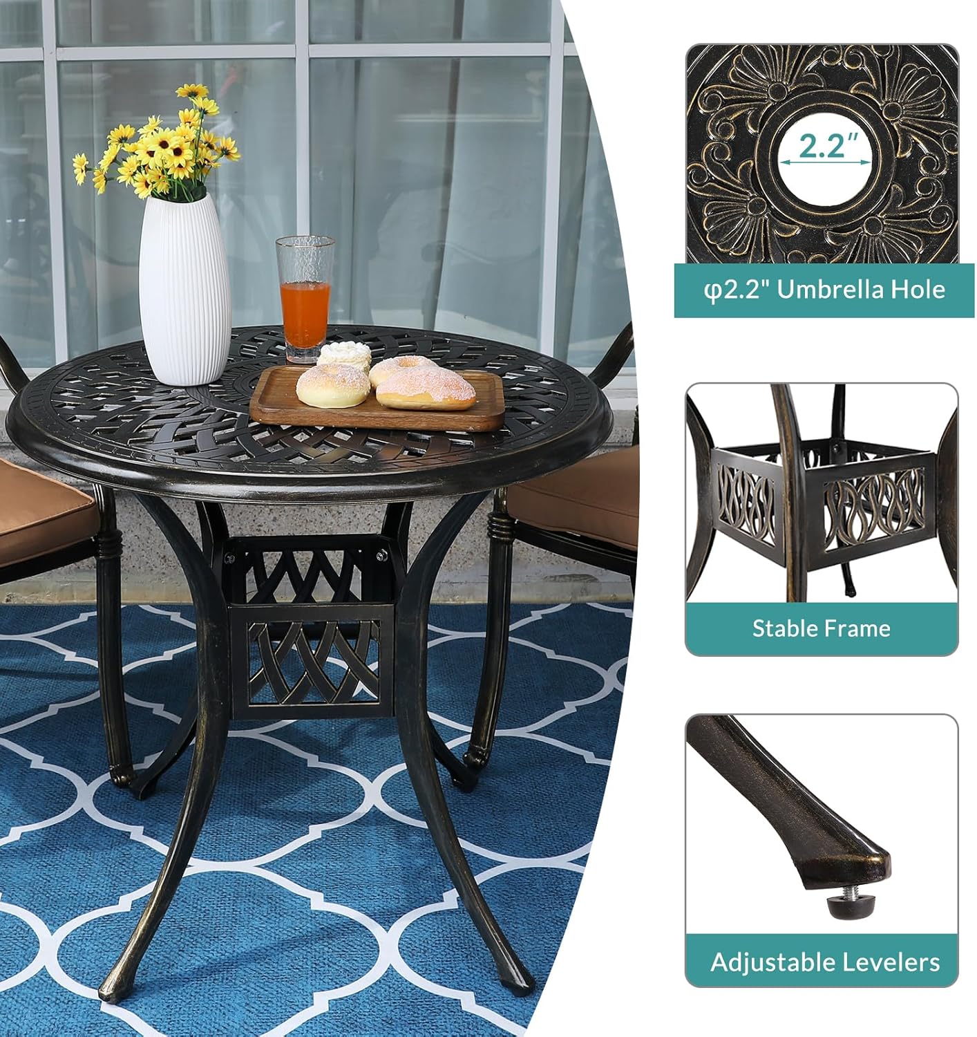 MEETWARM 3 Piece Patio Bistro Set, Outdoor All-Weather Cast Aluminum Dining Furniture Set Includes 2 Chairs with Cushions and a 31” Round Table with Umbrella Hole for Garden Deck, Ocean Blue