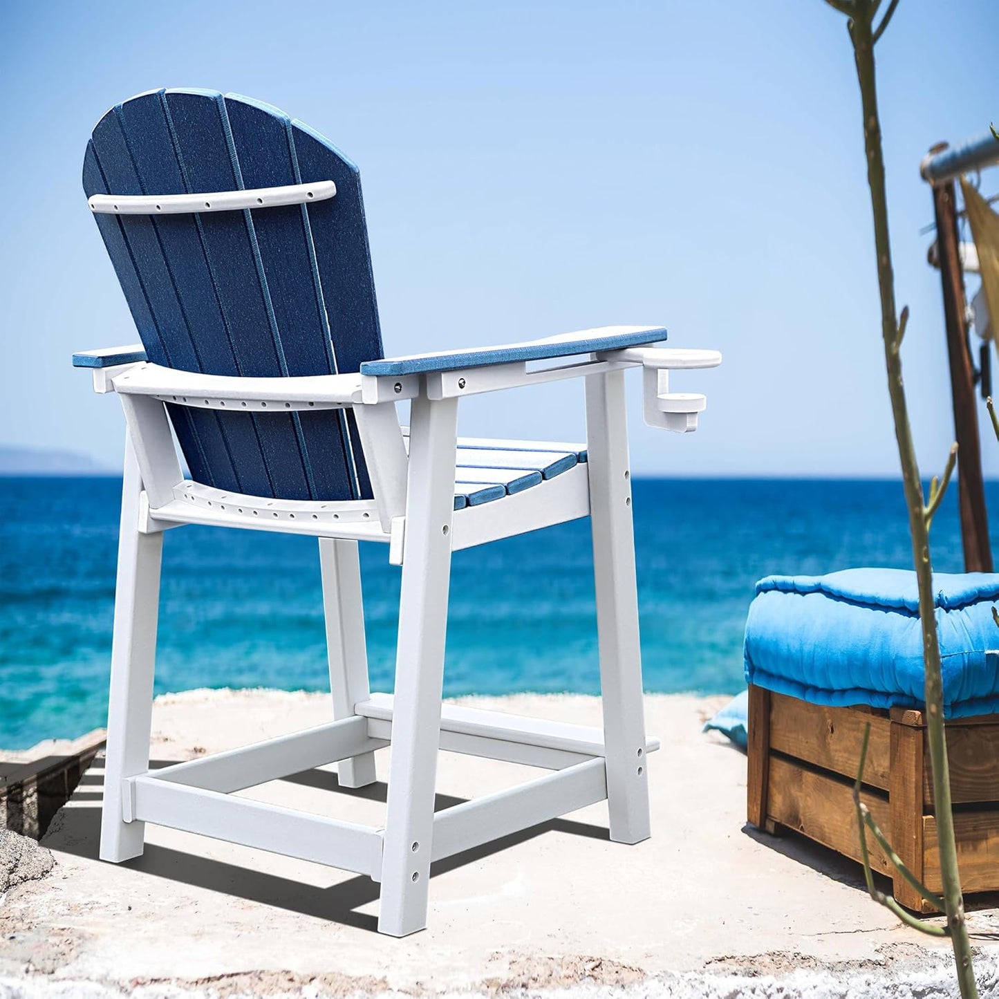 Tall Adirondack Chairs Set of 4 Adirondack Barstools, Weather Patio Garden Pool Fire Pit Balcony Outdoor Bar Stools HDPE Plastic Barstools with Backs for Garden, Backyard, Yard (Blue)