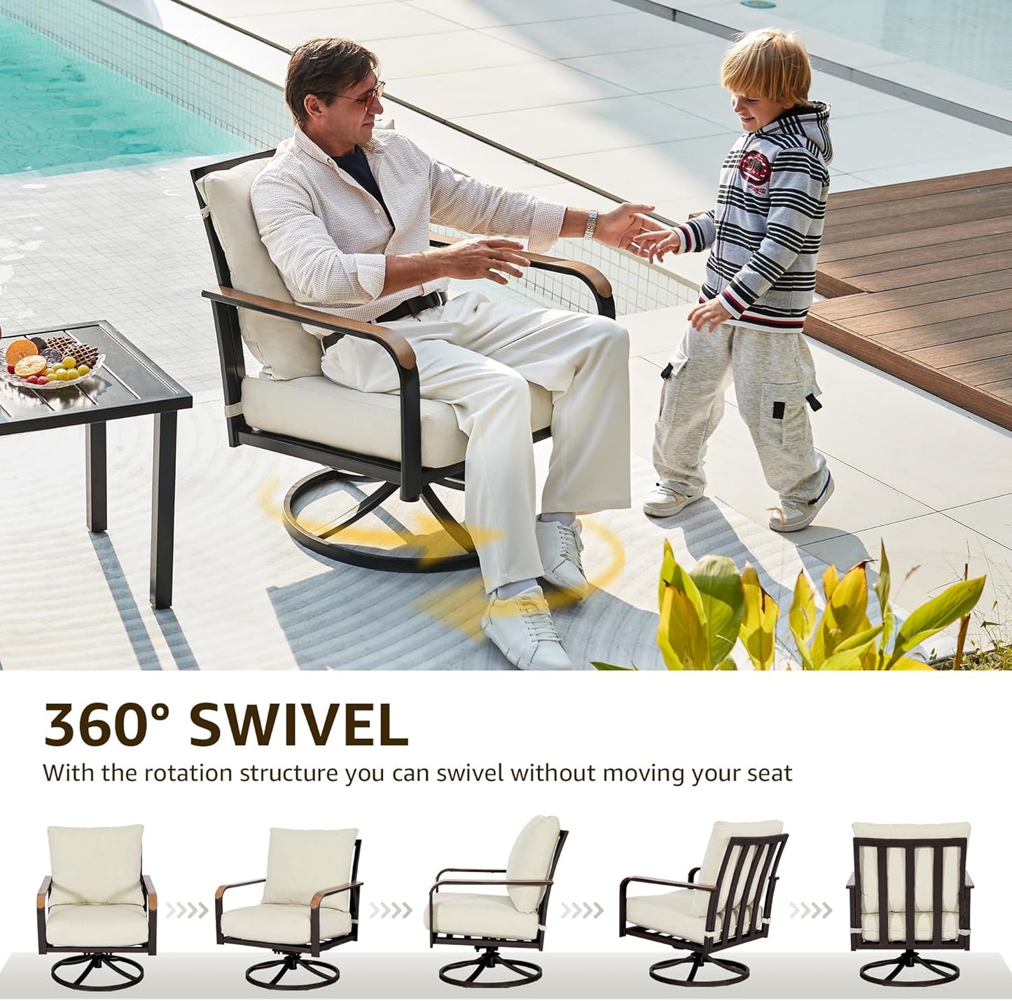 NATURAL EXPRESSIONS Outdoor Bistro Set, 3 Piece Swivel Glider Rocking Chairs Patio Conversation Furniture Set with 2 Rockers, 1 Metal Table and 6" Thick Cushions for Backyard, Porch, Balcony, 350lbs.