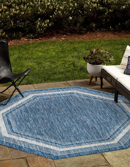 Unique Loom Outdoor Border Collection Area Rug - Soft Border (5' 3" Octagon, Blue/ Ivory)