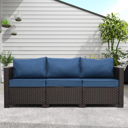 Outdoor Couch Wicker Patio Furniture 3-seat Sofa Outdoor Furniture Deep Seat Hight Backrest Waterproof Cover Non-Slip Cushions, Navy Blue