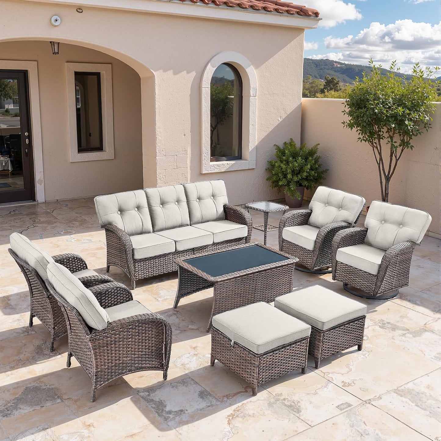 9-Piece Rotating Balcony Chair Set with 31-inch T-Shaped Wide backrest - Rattan Outdoor Rotating Balcony Chairs, Wide backrest Comfortable Outdoor Sliding Chair - Brown | Beige