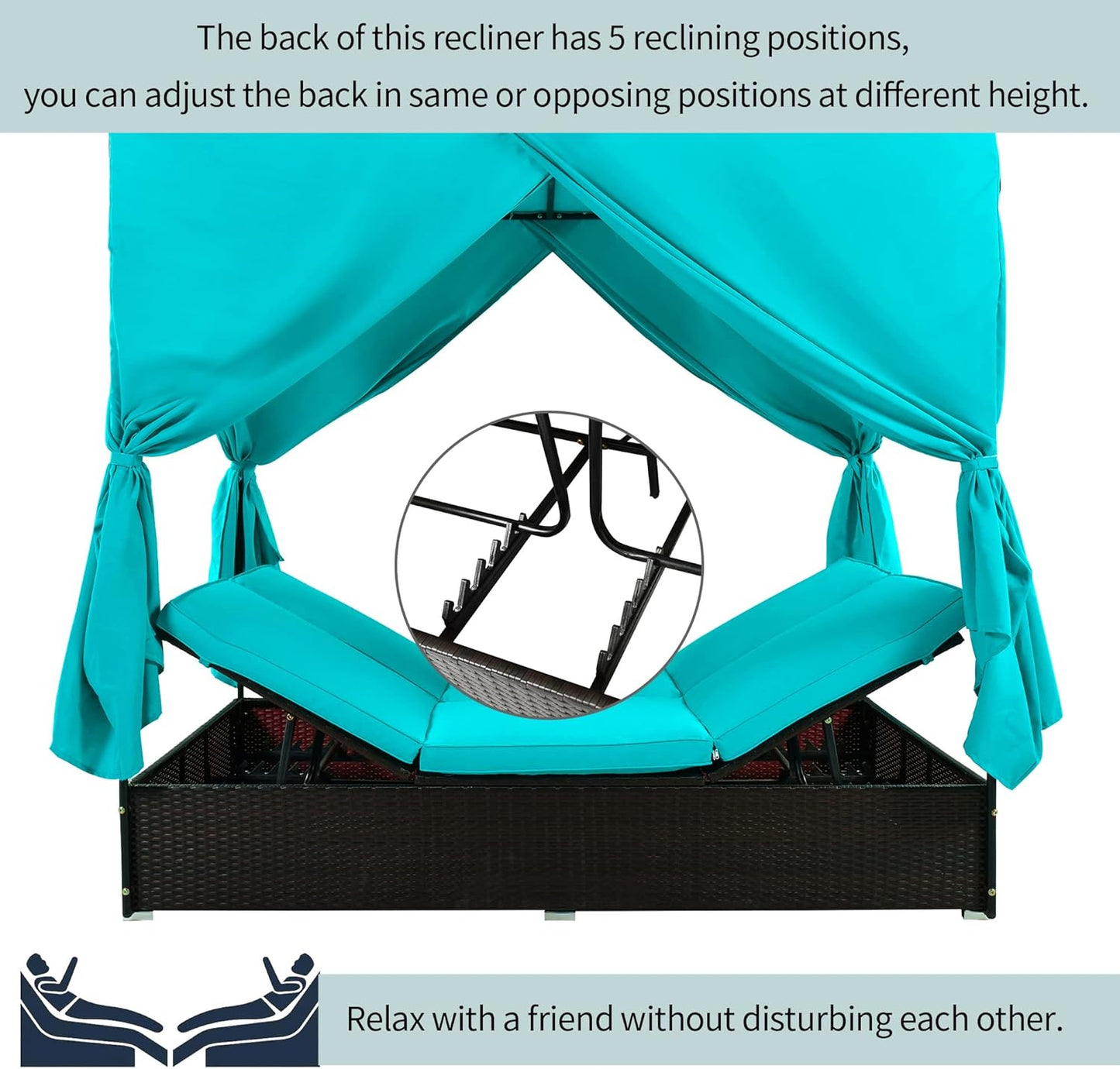 Patio Chaise Lounge, PE Rattan Outdoor Patio Wicker Sunbed Daybed with Adjustable Seats, Four-sided Canopy, Overhead Curtain and Blue Cushions for Backyard, Garden, Poolside (for 2-6 people)