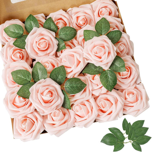 AmyHomie Artificial Flower Blush Pink Rose 50pcs Real Looking Fake Roses w/Stem for DIY Wedding Bouquets Centerpieces Arrangements Party Baby Shower Home Decorations