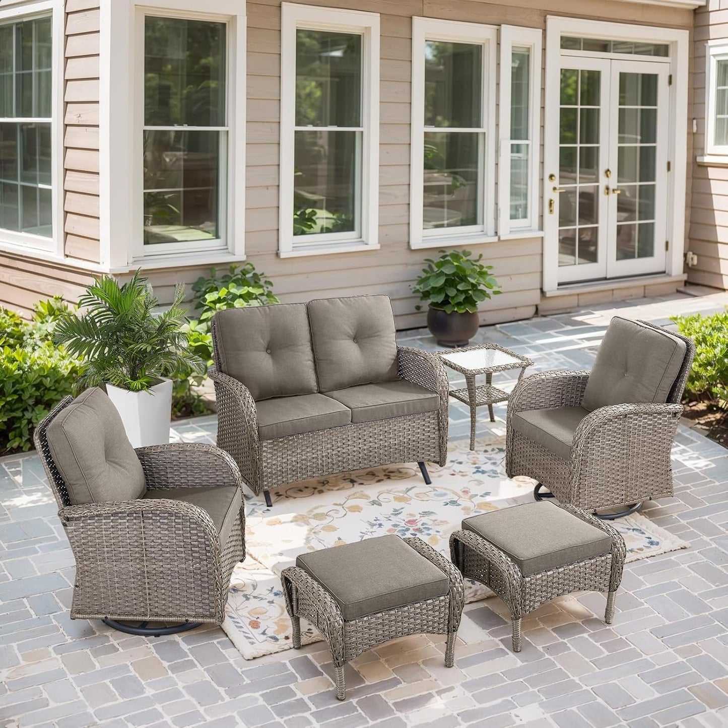 6 Pieces Wicker Patio Conversation Sets with Outdoor Swivel Rocker Chairs and Loveseat Glider Chair, All-Weather Rattan Furniture Set for Deck Patio Sunroom Backyard