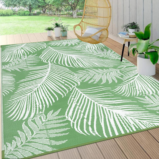 Pauwer Waterproof Outdoor Rug 6x9, Reversible Plastic Straw Patio Camping Rug, Indoor Outdoor RV Mat Carpet for Deck, Camper, Porch, Balcony, Backyard, Picnic, Leaf Green