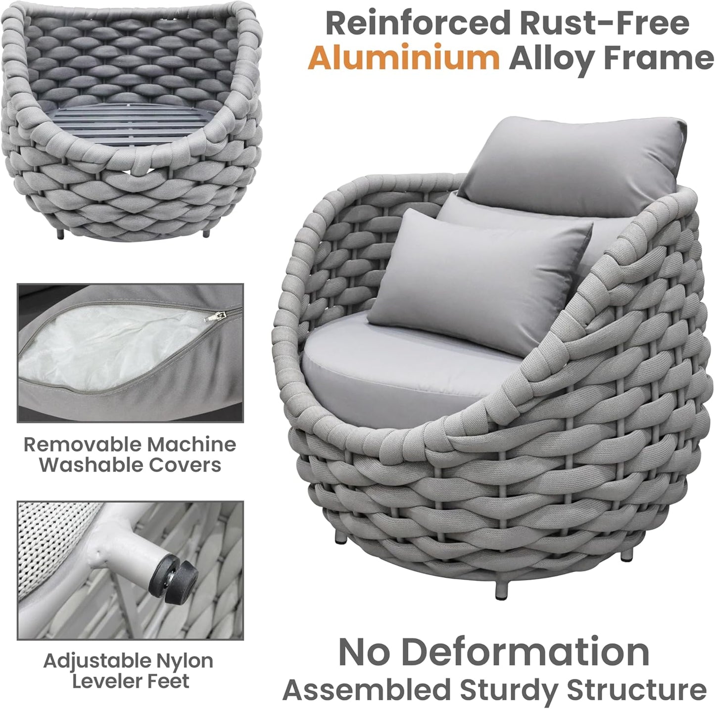 Woven Rope Patio Furniture Set: 4 Pieces Aluminum Outdoor Conversation Sofa Set Assembled - Modern Couch Set Cushioned - All Weather Metal Porch Seating for 5 Person Deck Garden Pool Hotel, Gray