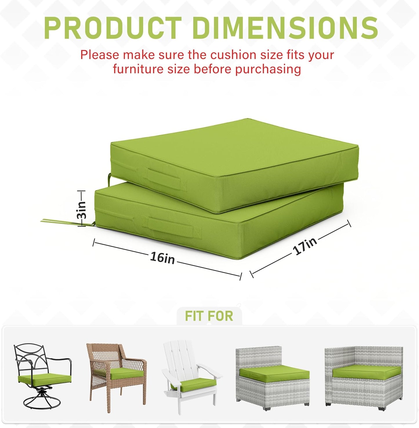 Patio Chair Cushions 17 X 16 X 3 Inch Waterproof Outdoor Seat Cushions for Patio Furniture, Outdoor Sofa Couch Pads with Ties & Handle, Set of 2, Grass Green