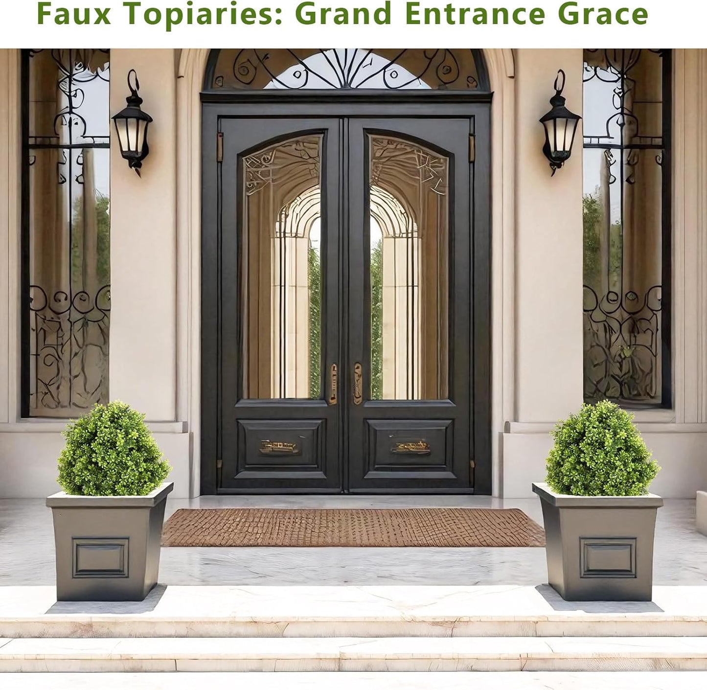 27“ Realistic Artificial Boxwood Topiary Trees Set of 2, Faux Boxwood Plants Outdoor UV-Resistant, No Maintenance Curb Appeal Fake Evergreen Bushes & Shrubs for Front Porch Outside Planter Decor