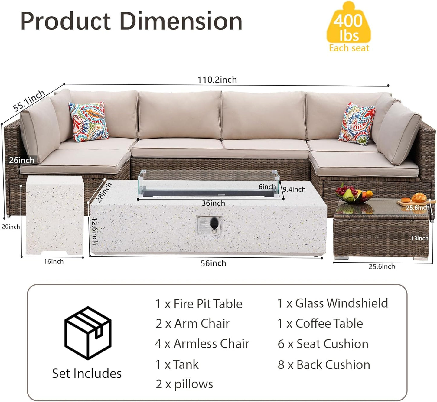 8 Piece Patio Furniture Set - Outdoor Conversation Sets with 56" Fire Table and Coffee Table, Rattan Modular Sofa Set for Garden/Poolside, Beige/Brown