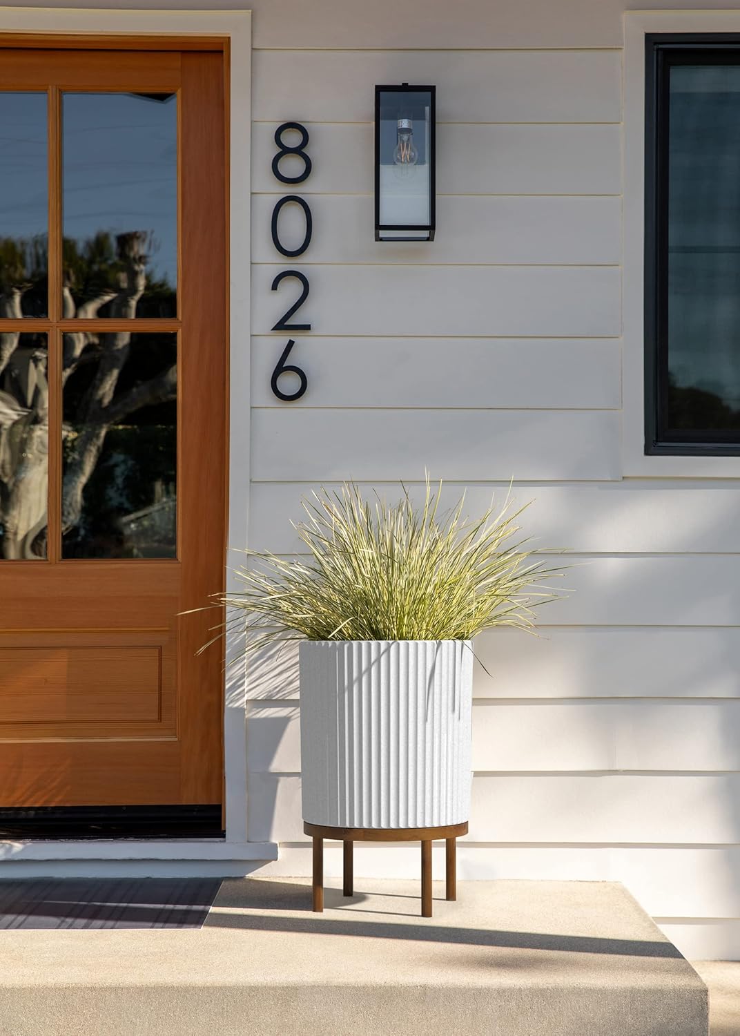 Veradek Demi Series Round Planter w/Stand for Porch/Patio | Durable Plastic-Stone Composite & Wooden Stand | Modern Décor for Tall Plants, Flowers