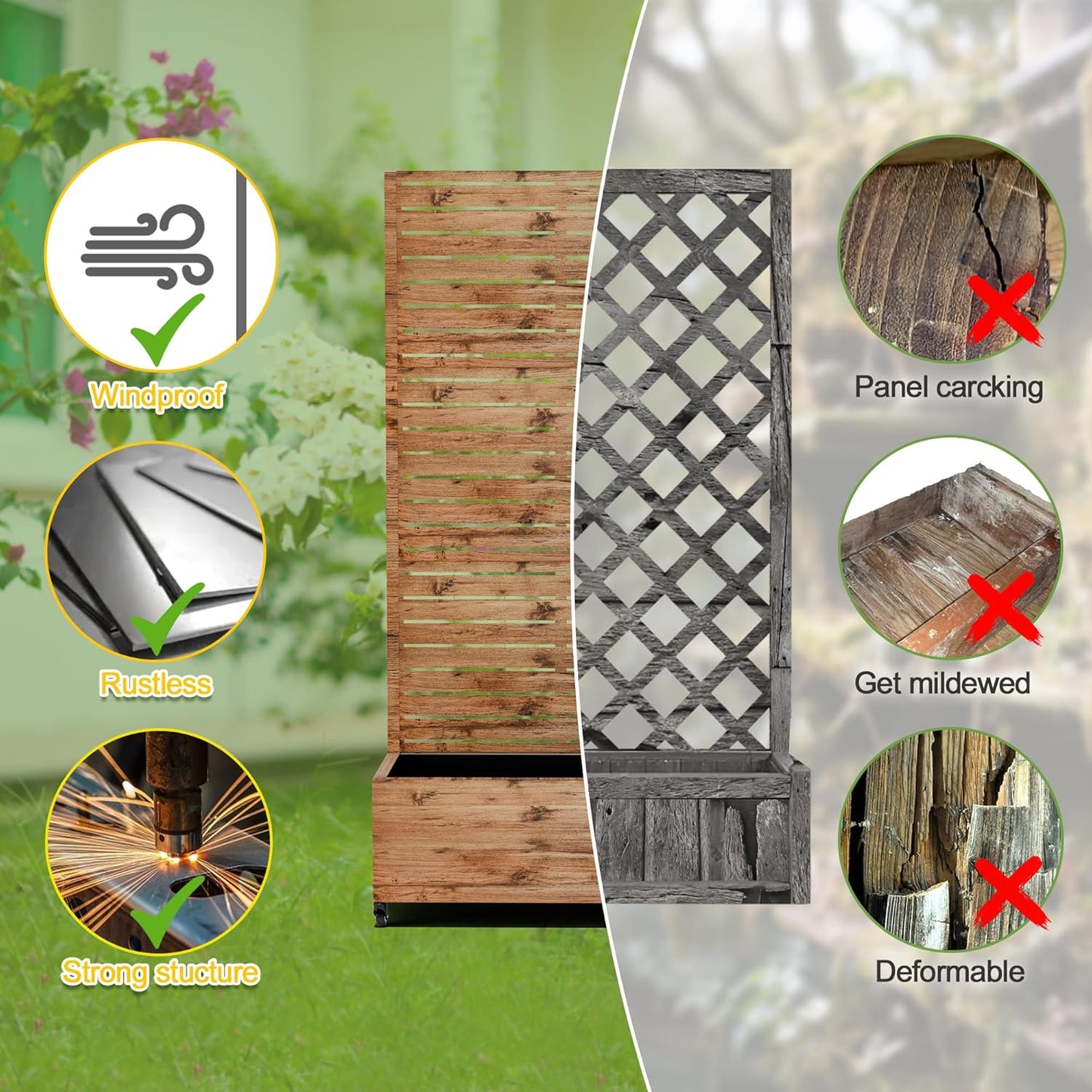 FENCY Metal Raised Garden Bed with Wheels and Trellis,73"x35"x16" Planter Box for Climbing Plants, Vegetables & Vines, Features Privacy Screen and Drainage Holes (Wood Color)