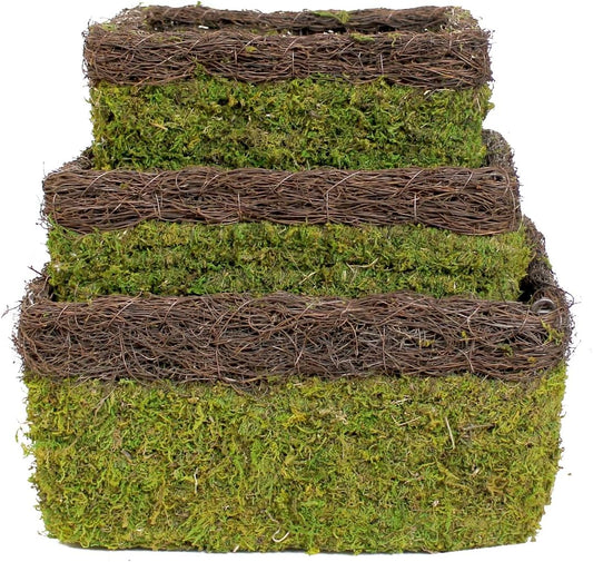 SuperMoss (29327 MossWeave Hanging Basket | Outdoor Hanging Planter with Moss | Decorative Plant Hanger for Porch, Balcony, Garden & Home Décor, Square with Wicker Rim, Set of 3 (S/M/L), Green