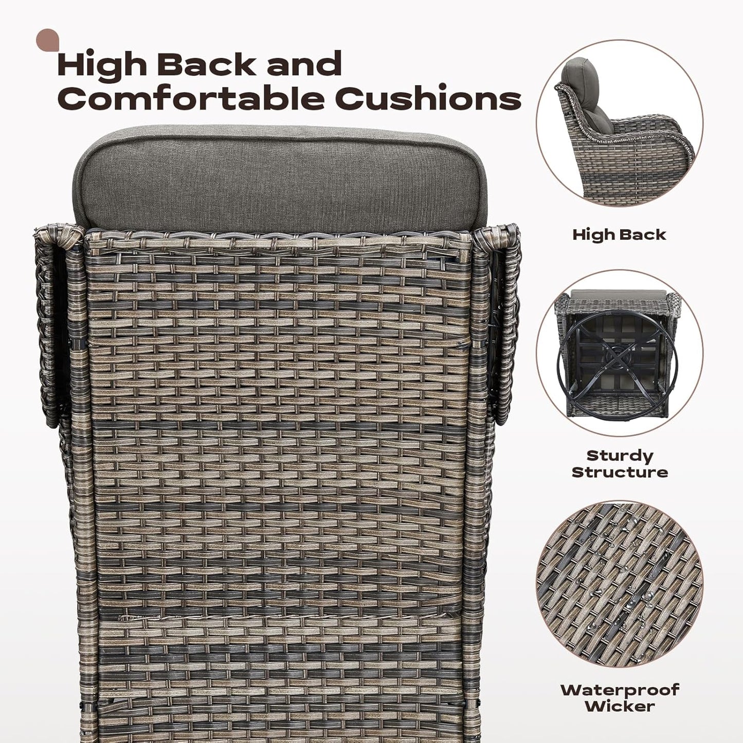 Wicker Outdoor Patio Furniture Set - 5 Piece Patio Conversation Sets with Swivel Rocker Chairs, Ottomans and Side Table, 6 inch Cushions, Waterproof Wicker, for Porch Deck Mixed Grey/Grey