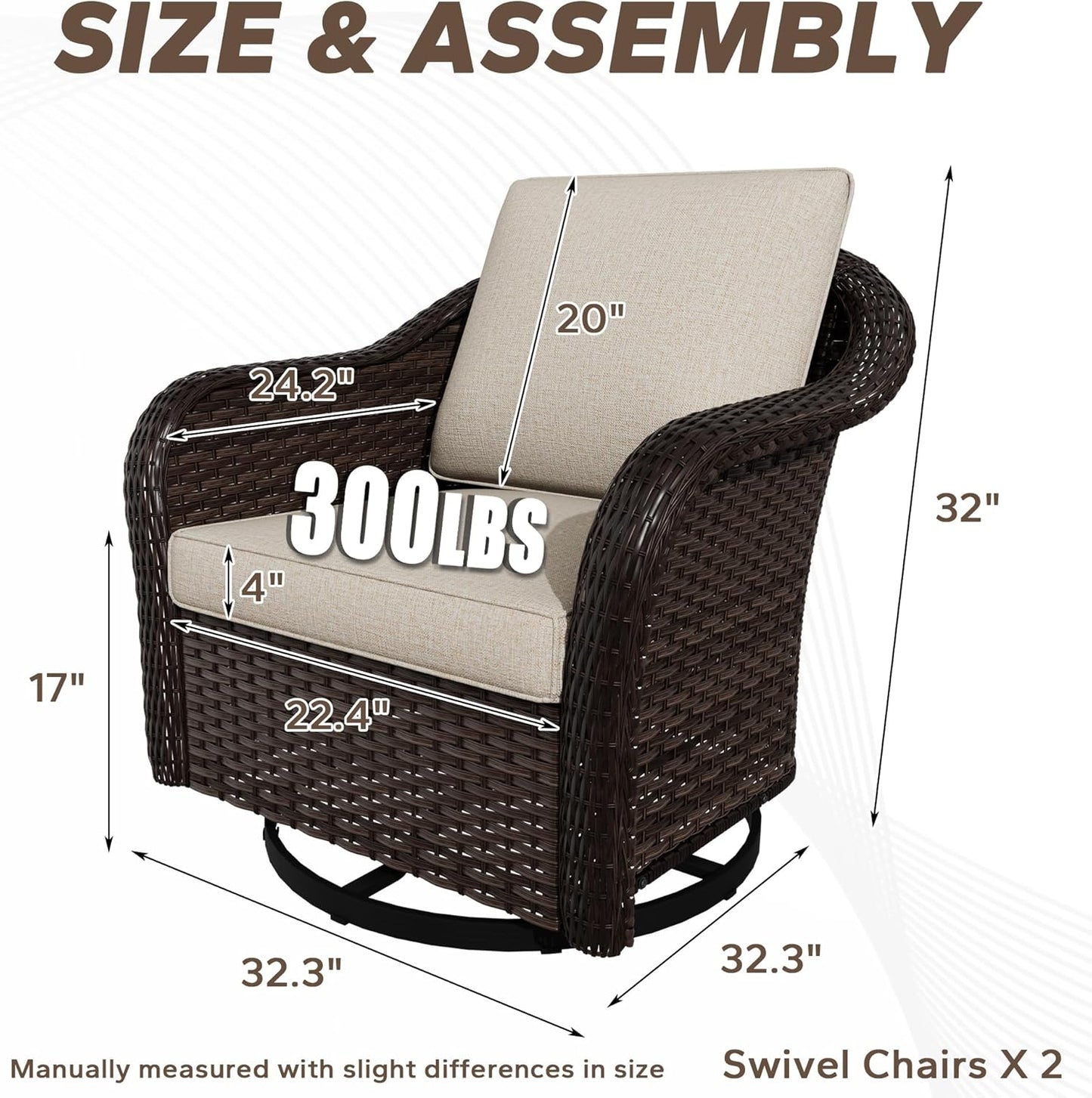 Outdoor Wicker 360 Degree Swivel Glider Rocker Chairs Set, Patio Conversation Furniture Set with Washable Cushions for Garden, Poolside (Beige)