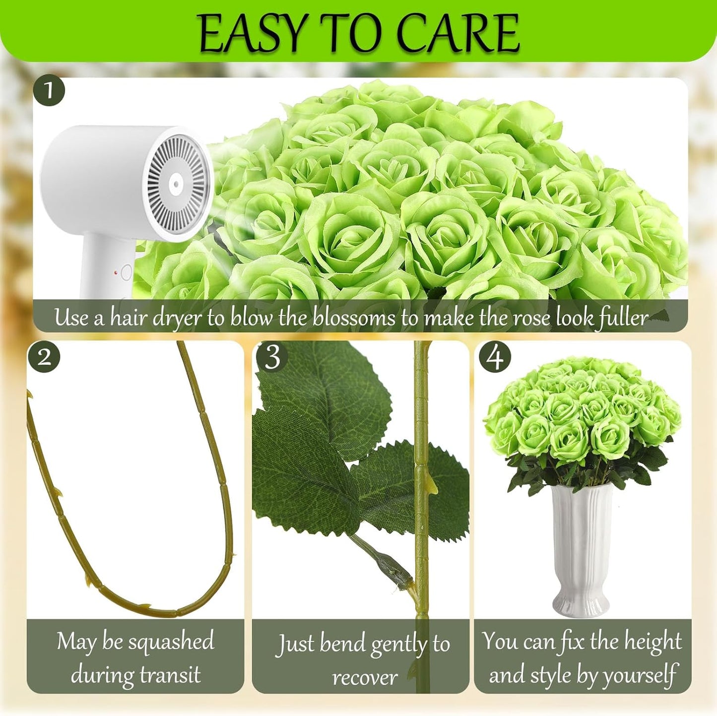 36 Pcs Silk Green Rose Bouquet Bridal Artificial Flowers,Fake Rose Long Stem Realistic Flowers Bulk for Wedding Bouquet Ball Arrangement Centerpiece Party Decor