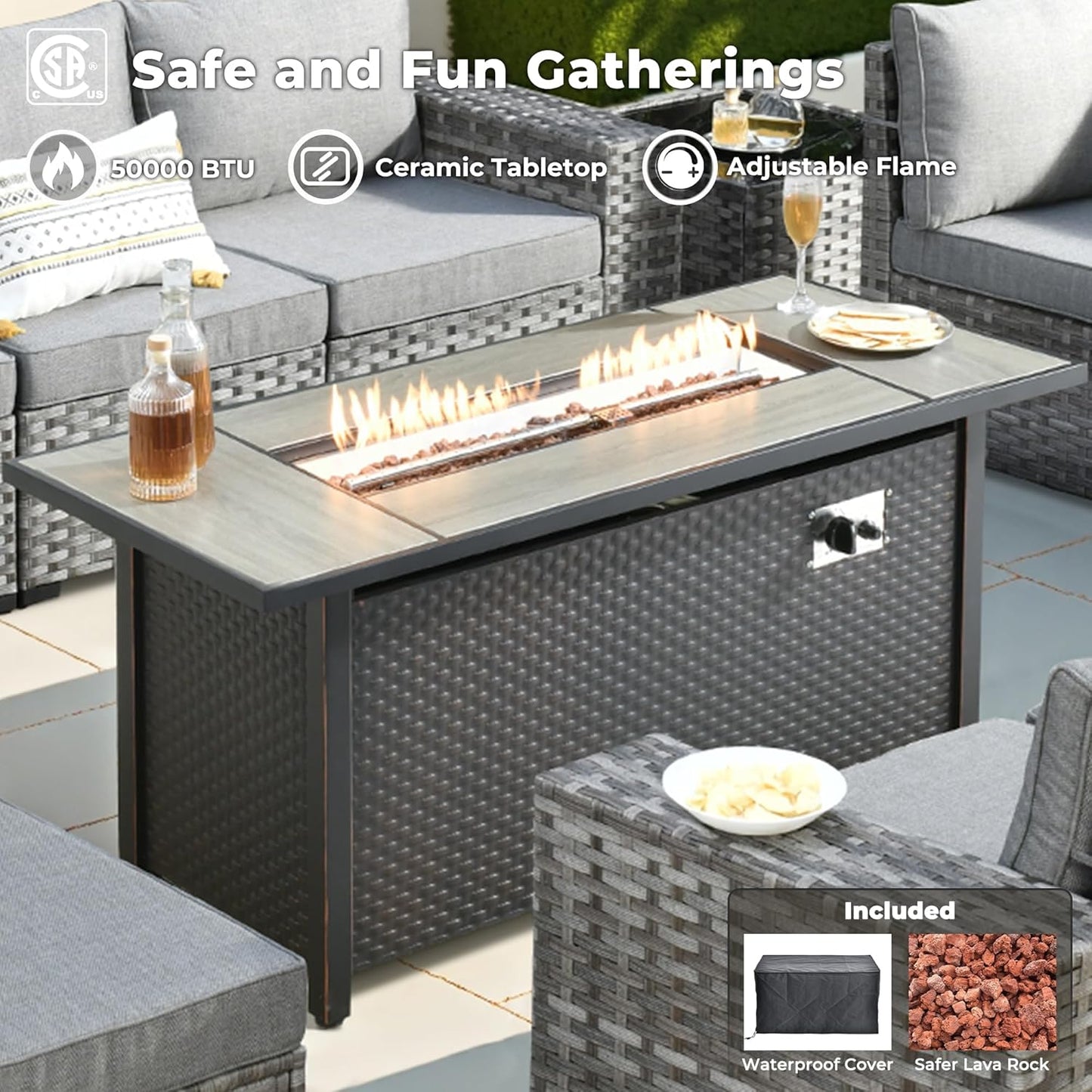 ovios 16 Pieces Patio Furniture Set, Outdoor Wicker Sectional Sofa with 54" Fire Pit Table Swivel Chairs, Modern Modular Deep Seat Rattan Couch Conversation Sets, Dark Grey