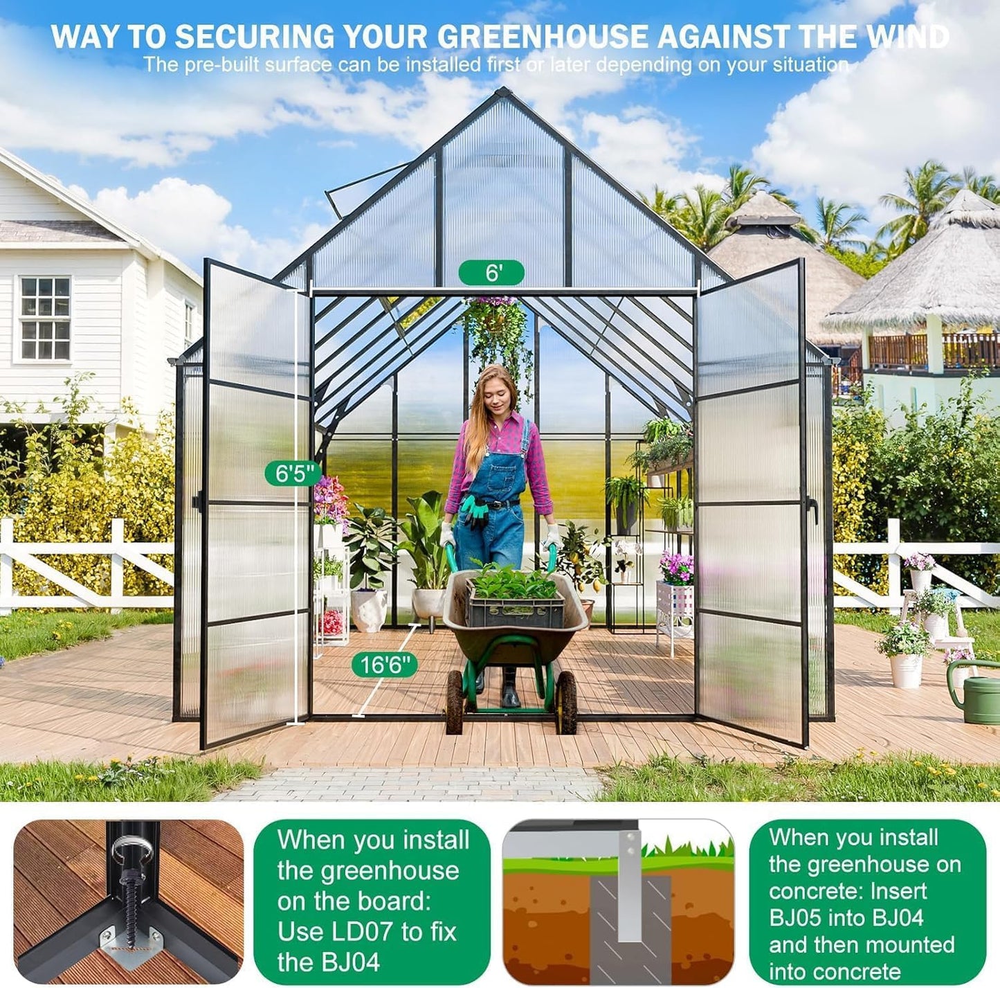 CDCASA 16.5x10.2x10 FT Greenhouse for Outdoors,Easy Assembly Large Polycarbonate Greenhouse Aluminum Greenhouses w/3 Vents Window, Swing Door, Walk-in Green House for Patio, Backyard, Garden, Black