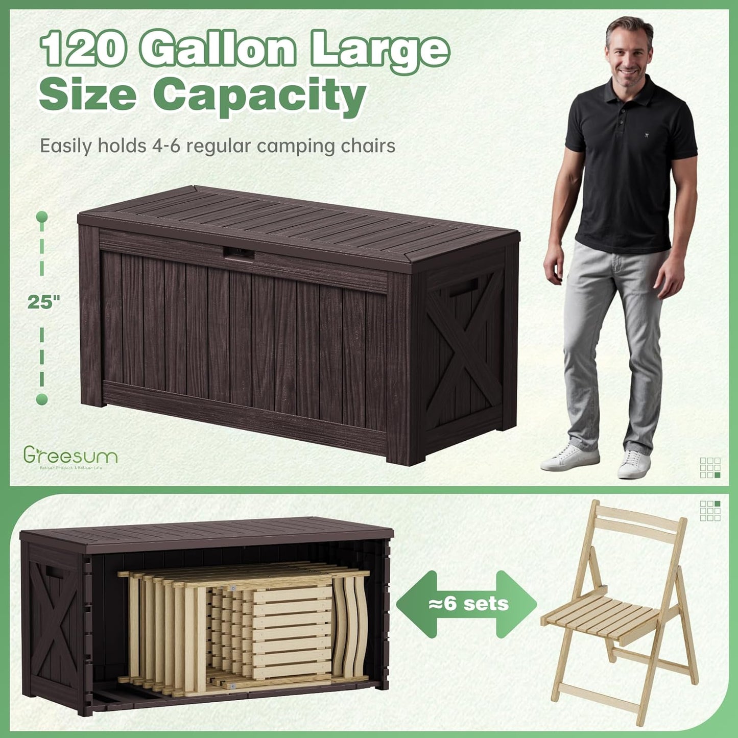 Greesum 120 Gallon Outdoor Storage Box with Lock - Large Resin Deck Box, Reinforced Lid for Garden, Patio, Lawn, Brown