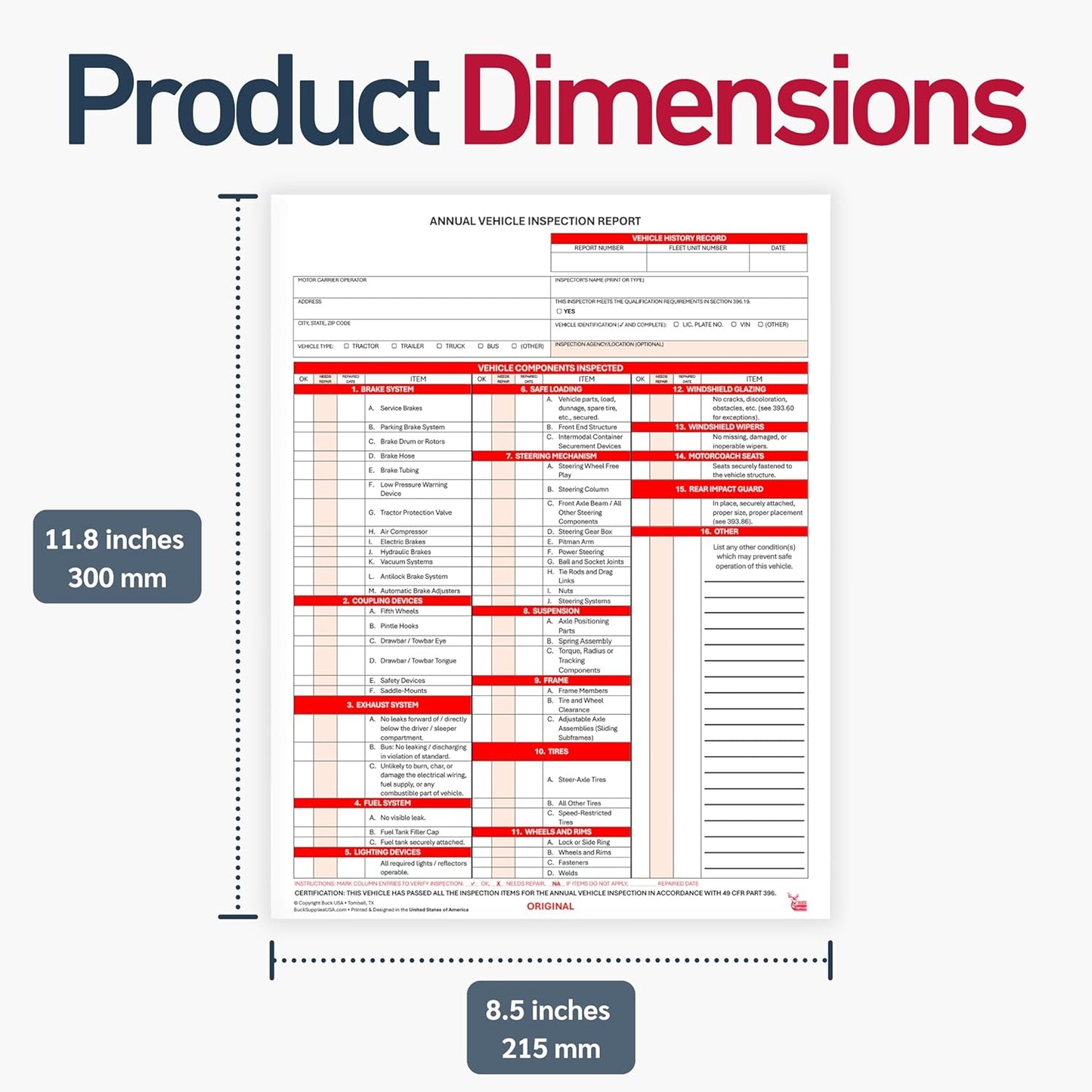 5 Pack 3-Ply Carbonless Annual Vehicle Inspection Report Forms with FMCSA 2-Ply Mylar Laminate Adhesive Vinyl Labels, DOT Inspection Forms and Stickers, Shrink-Wrapped, 8.5" x 11.75" - Made in USA