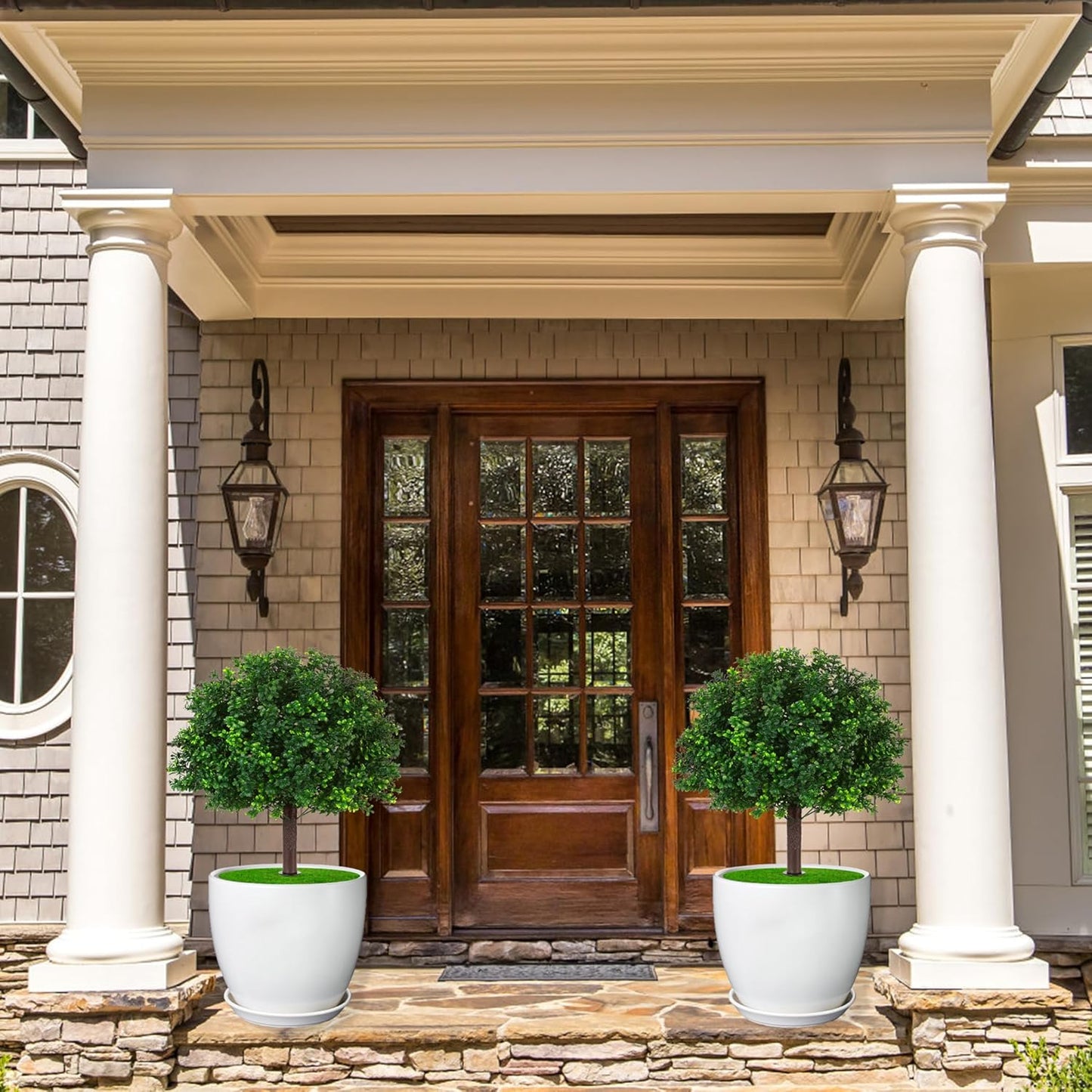 Artificial Boxwood Topiary Ball Trees, Set of 2 Artificial Boxwood Ball Bush Artificial Shrub Bushes UV Resistance Rated with Spike Fake Outdoor Plant for Front Door Decor, Home Decor, Garden