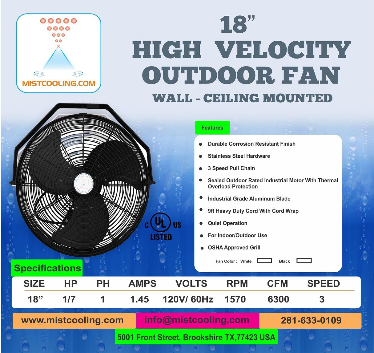 Black 18 Inch Misting Fan - Patio Outdoor Mist Fan For Residential, Restaurant and Commercial Use
