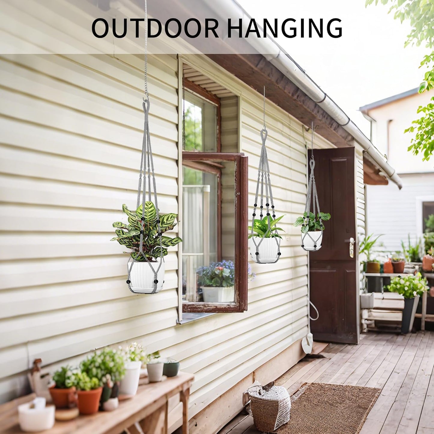 3 Pack Macrame Plant Hanger - 43"/35"/29" Different Sizes, Hanging Planter Basket Flower Pot Holder for Indoor Outdoor, with Wood Beads, Boho Home Decor, Gray (POTS NOT Included)