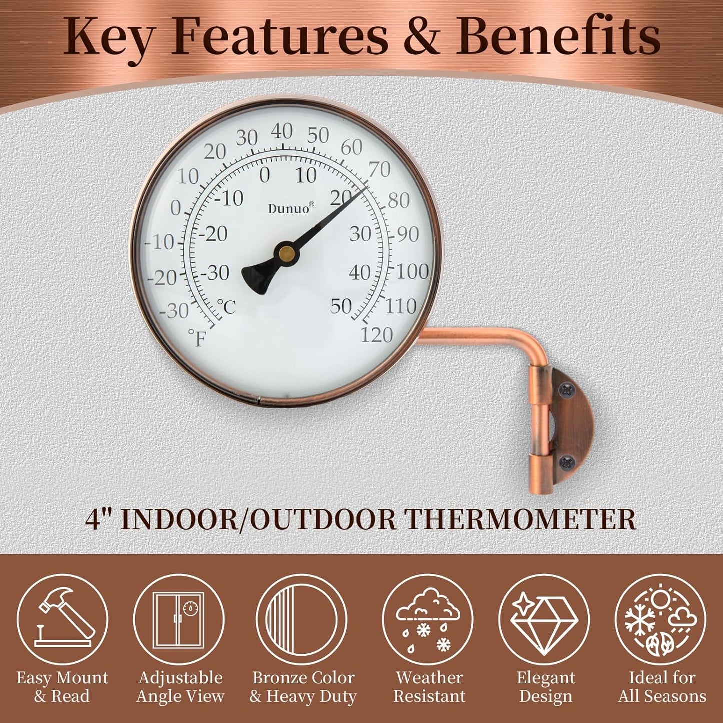 4 Inch Outdoor Thermometer, Outside Temperature Gauge Decorative for Patio, Window, Greenhouse, Garage, Brass Swivel Thermometer (4inch Thermometer)