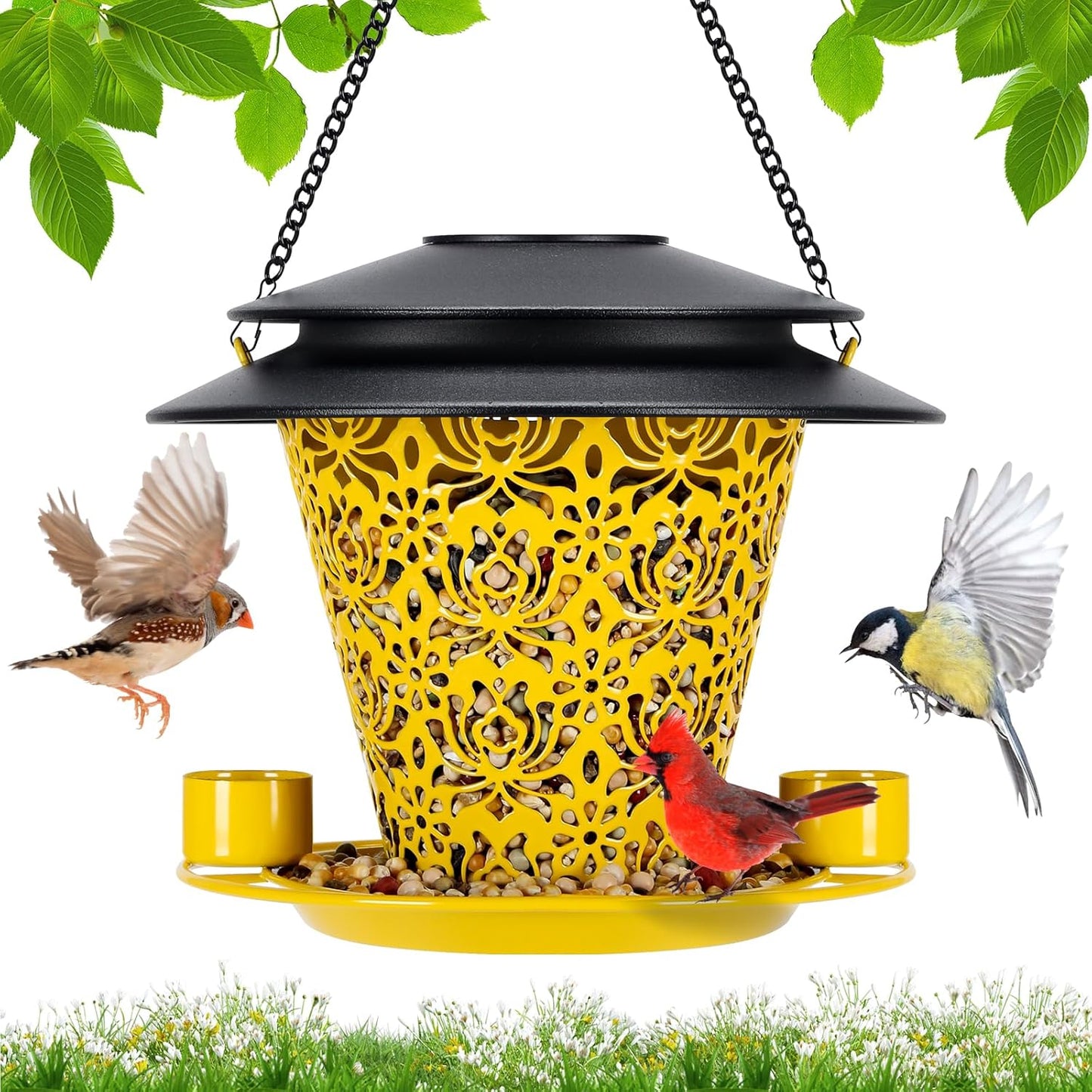 Solar Bird Feeders for Outside Hanging Metal Wild Bird Feeder Solar Lanterns Outdoor Waterproof Garden Decor for Yard Yellow