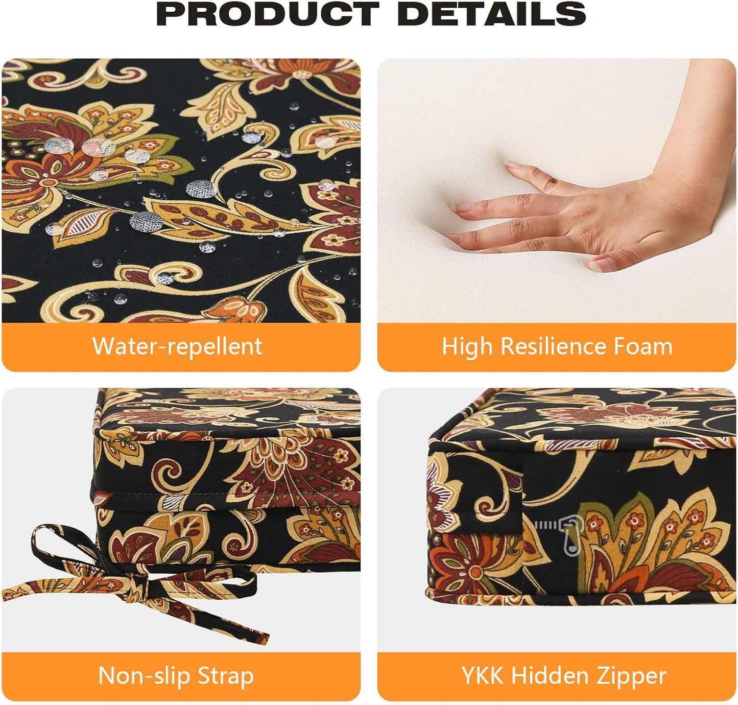 Square Corner Seat Cushions, 19" x 19" x 3", Set of 4, Indoor Outdoor Water Repellent Universal Chair Pads with Ties for Patio Furniture, Garden Deck Dining Chairs, Red Yellow Vine Flower