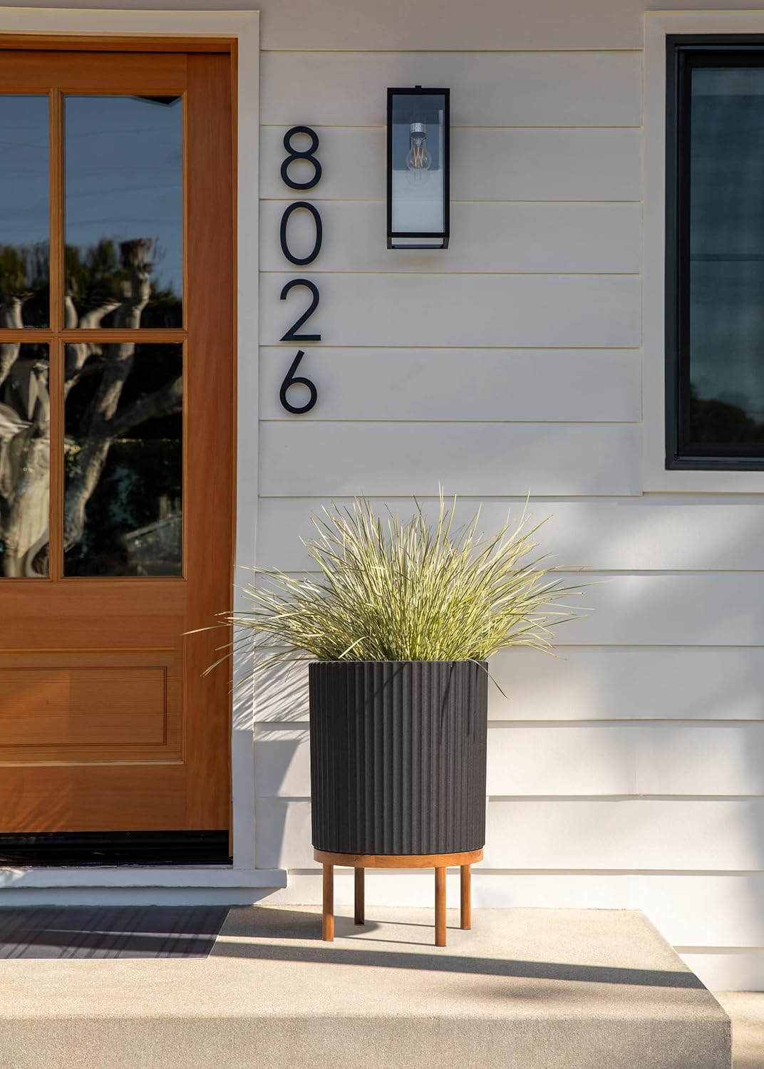 Veradek Demi Series Round Planter w/Stand for Porch/Patio | Durable Plastic-Stone Composite & Wooden Stand | Modern Décor for Tall Plants, Flowers
