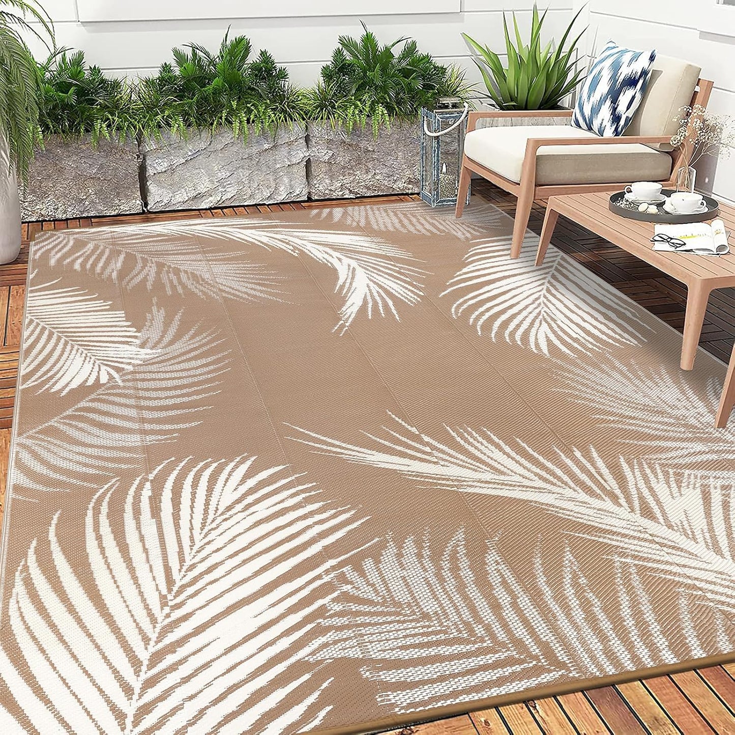 Pauwer Waterproof Outdoor Rug 9x12, Reversible Plastic Straw Patio Camping Rug, Indoor Outdoor RV Mat Carpet for Deck, Camper, Porch, Balcony, Backyard, Picnic, Leaf Brown