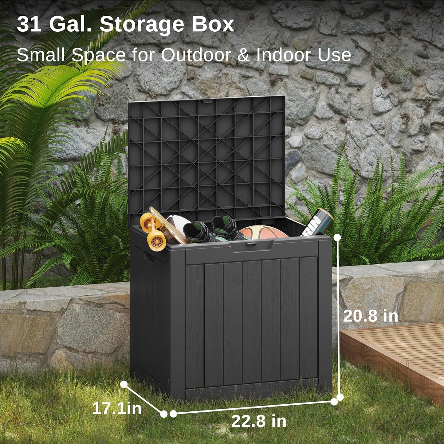 EAST OAK Outdoor Storage Box, 31 Gallon Deck Box, Waterproof Resin Storage Bin for Patio Cushions, Gardening Tools, Accessories, Lockable, UV Resistant, Black