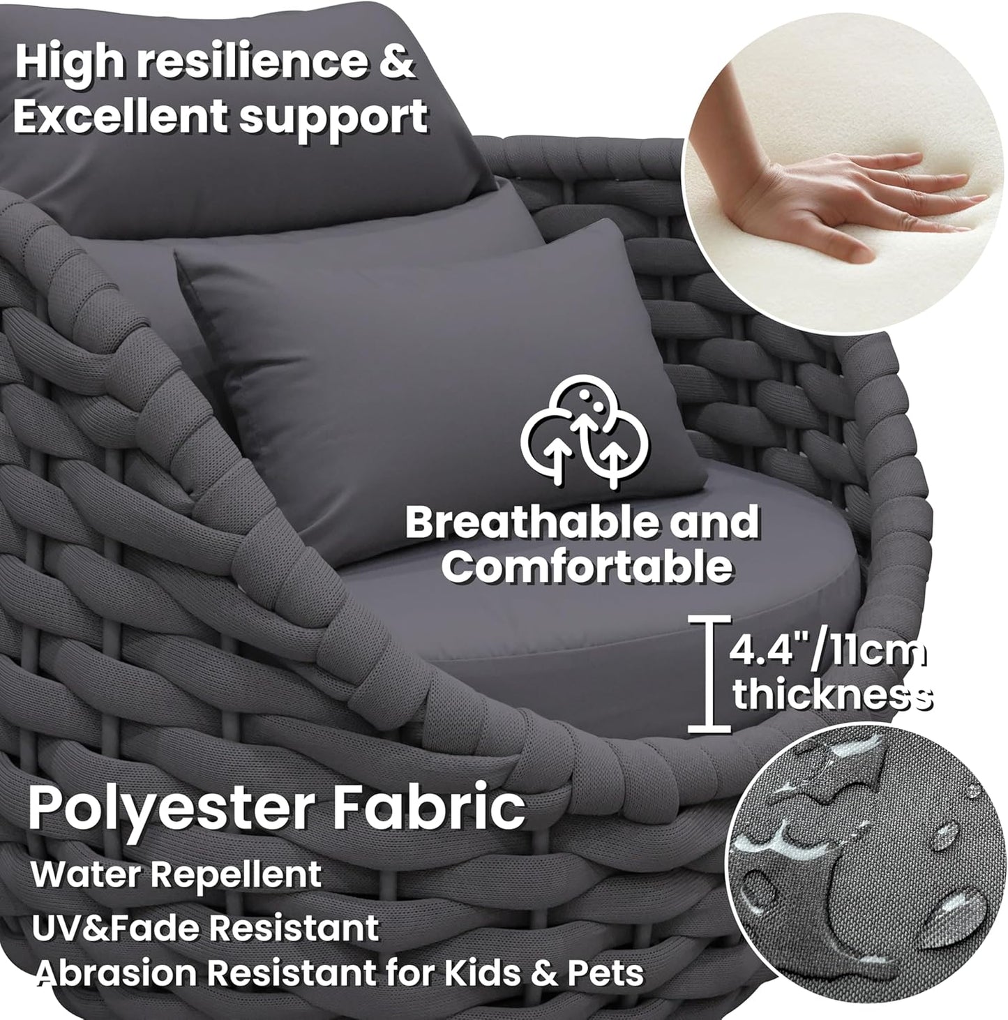 Deck Furniture Set: 3 Pieces Aluminum Woven Rope Patio Conversation Sofa Set for 2, Comfy Cushions Couch Armchair Table Set Assembled, 400lbs for Porch Balcony Pool Bistro Yard Hotel - Dark Gray