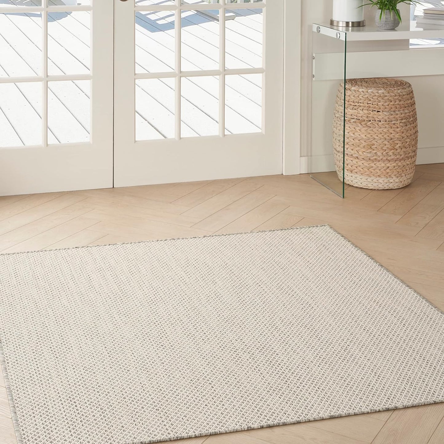 Nourison Home Courtyard Indoor/Outdoor Ivory/Silver 5' x Square Area Rug, Easy Cleaning, Non Shedding, Bed Room, Living Room, Dining Room, Backyard, Deck, Patio (5 Square)