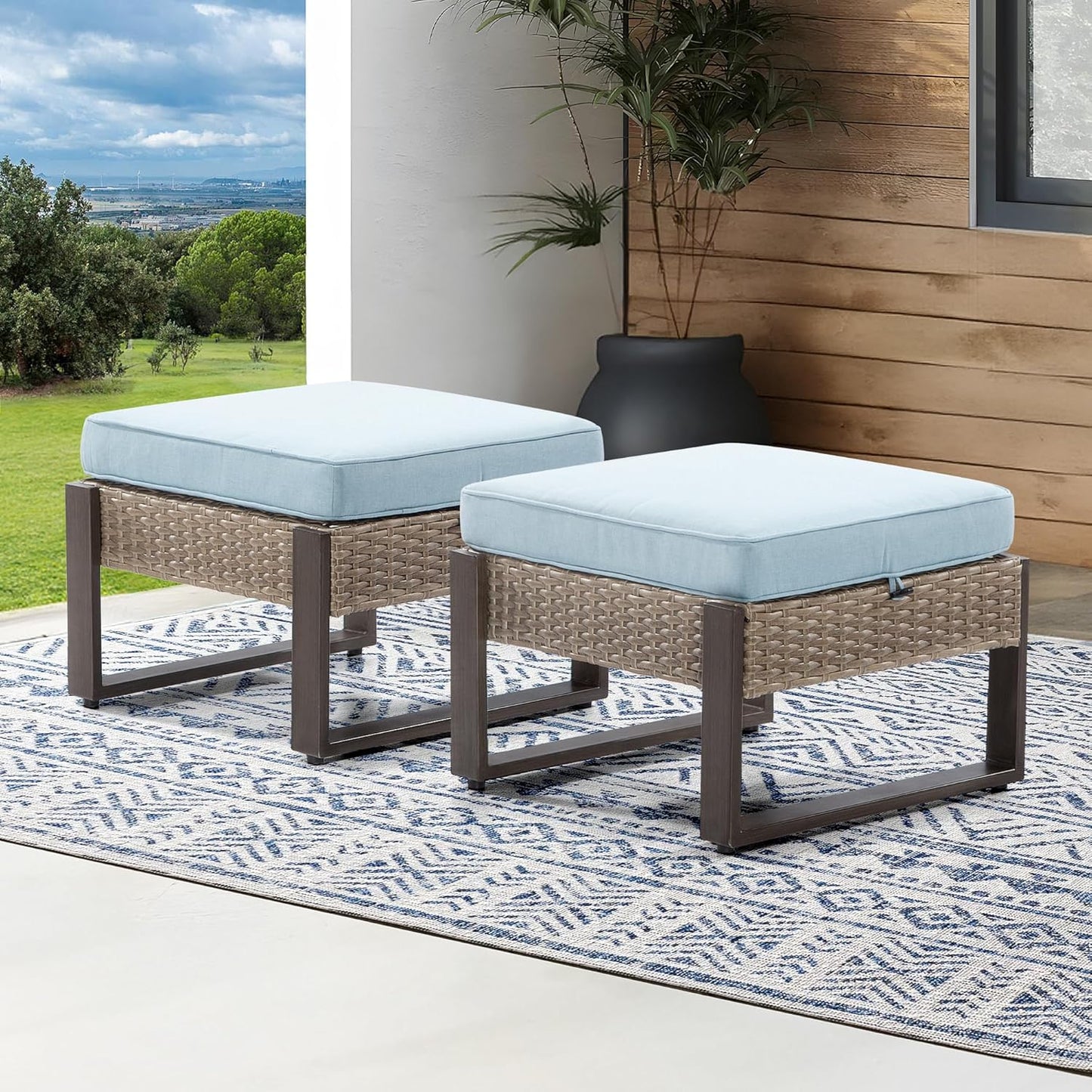 Patio Metal Wicker Ottoman Set of 2, Outdoor PE Rattan Footstools with Removable Cushions & Metal Steel Framed Legs for Garden Backyard Porch Deck, Baby Blue