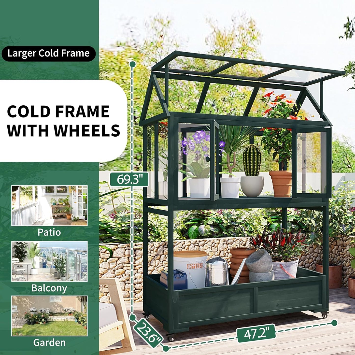 Merax 69" Wooden Greenhouse with Wheels - Portable Cold Frame for Balcony/Patio, UV-Resistant Indoor Outdoor Plant Growing Cabinet (Large, Heavy-Duty) (Forest Green)