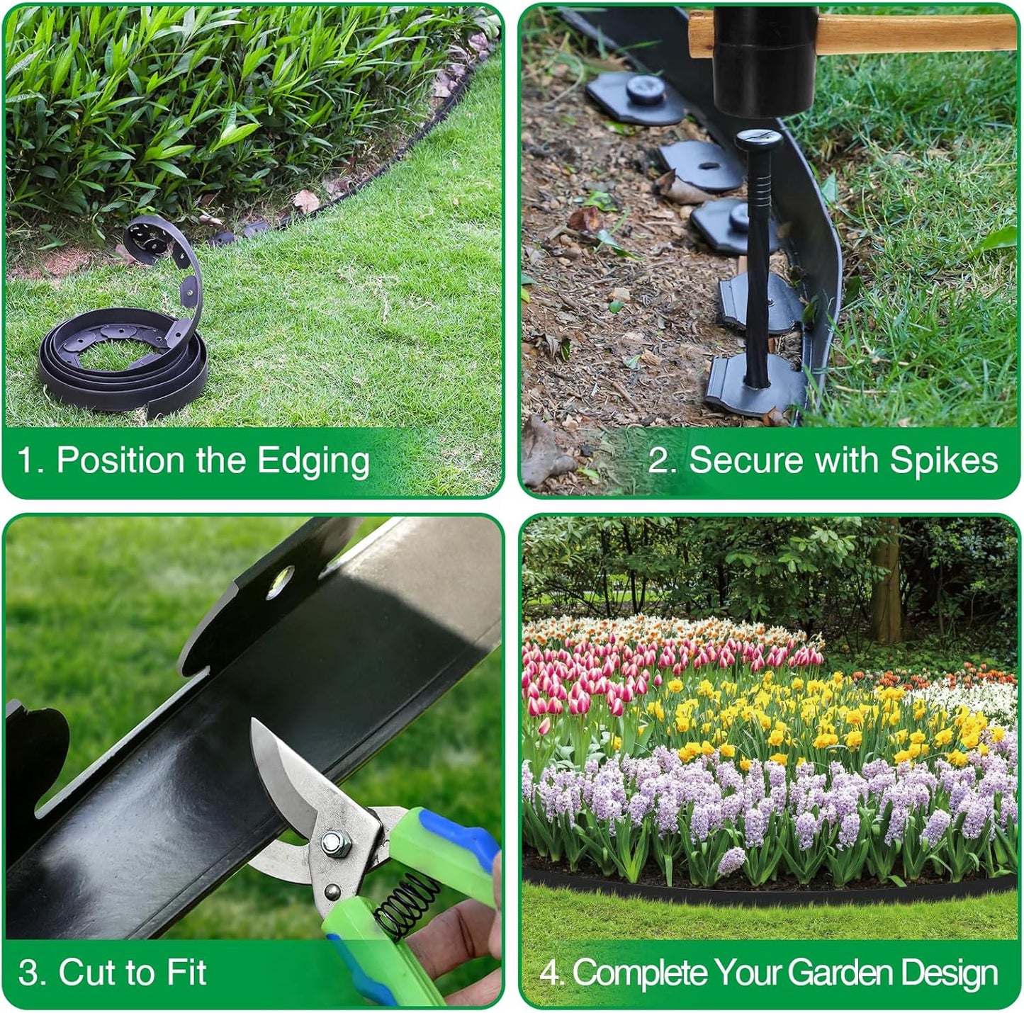 Bonviee 1.5 Inch x 66FT Garden Border Edging Kit with 100 Anchoring Spikes, Flexible Garden Edging for Landscaping, Flower Beds, Lawn, Yard, and Paver Pathways