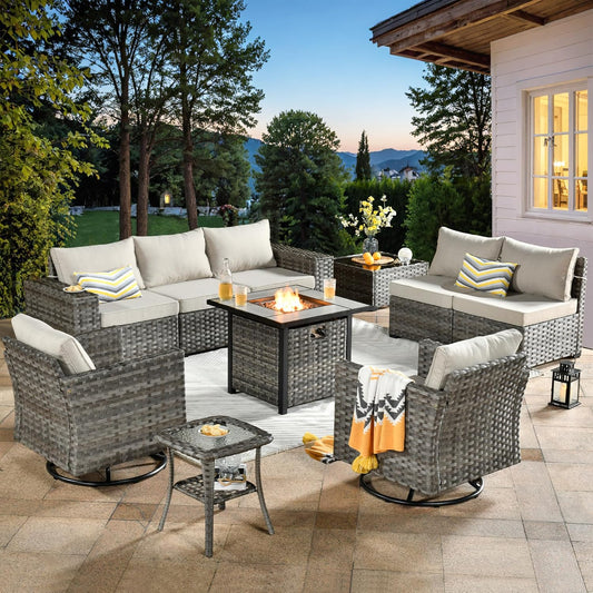 ovios 10 Pieces Patio Furniture Set, Outdoor Wicker Sectional Sofa with 30" Fire Pit Table Swivel Chairs, Modern Modular Deep Seat Rattan Couch Conversation Sets, Beige