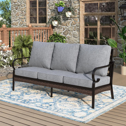 Patio Furniture Sofa, 3-Seat Patio Sofa Steel Frame Outdoor Sectional Couch with Deep Seating and 5.75” Cushions for Lawn Backyard Porch Deck, Grey