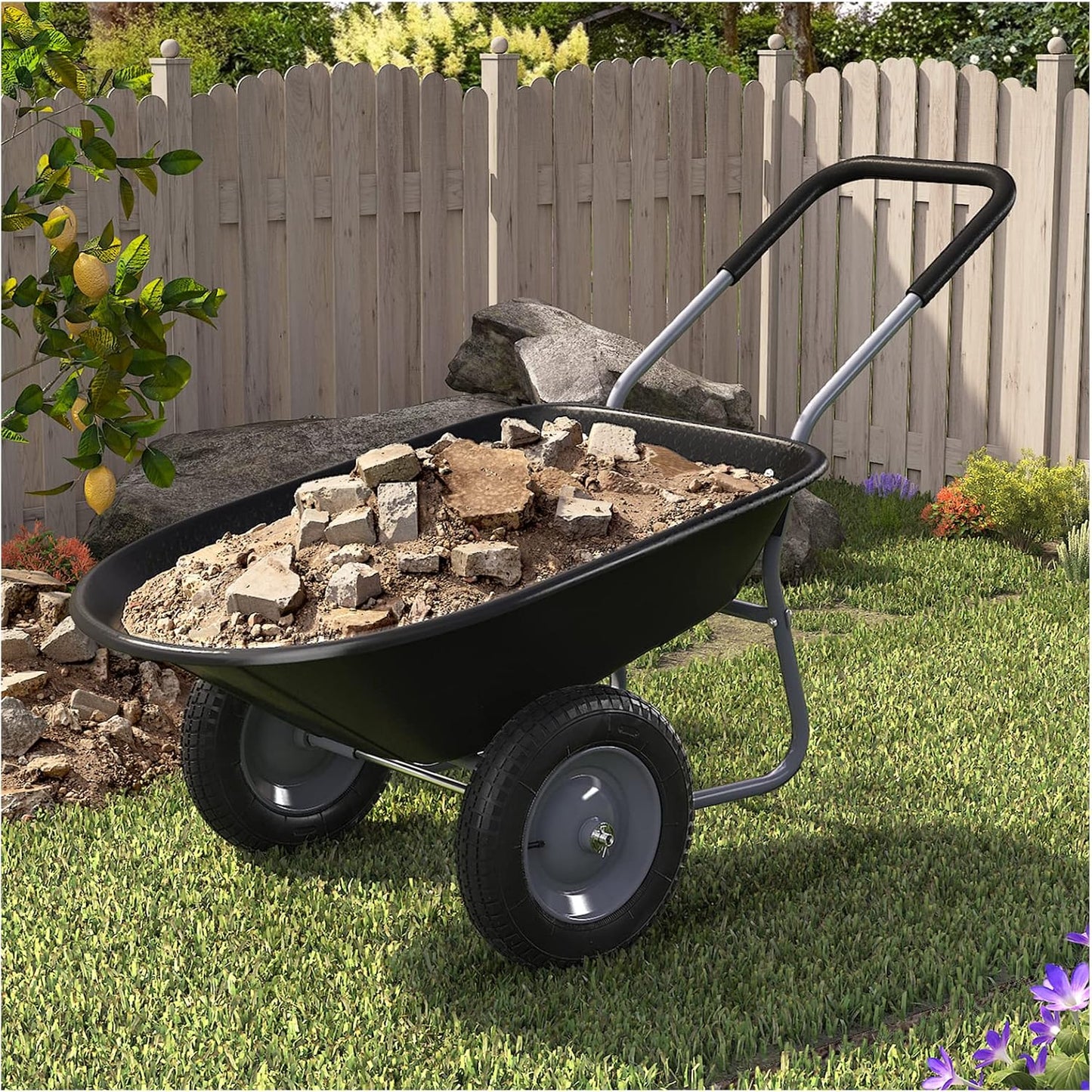 ARNOT Enlarged 2-Wheel Wheelbarrow, Easy Loading and Dumping Garden Cart, Heavy Duty Utility Dump Cart for Outdoor Lawn Yard Farm Ranch, Black