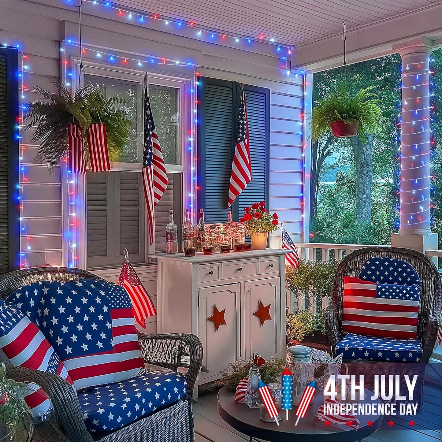 JMEXSUSS 4th of July Decorations Red White and Blue Lights, 33ft 100 LED String Light Indoor Plug-in, 8 Modes Patriotic 4th of July Lights for Indoor Outdoor Independence Day American Flag Holiday
